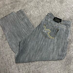 Vintage y2k gray rocawear denim jeans stud detail gold silver embroidery size 22